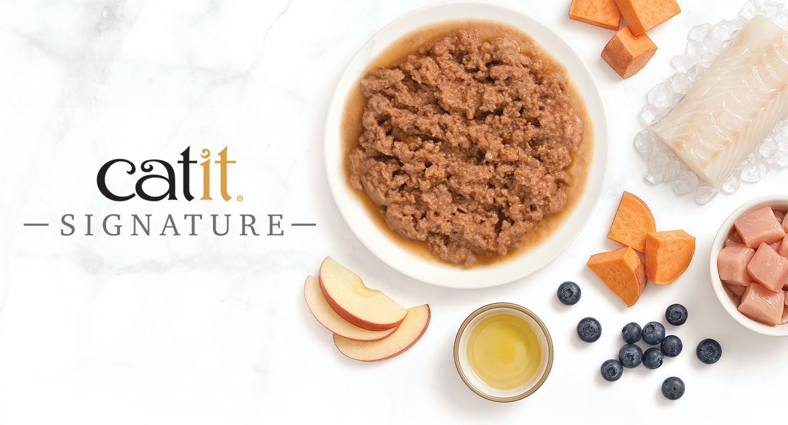 Catit Signature wet cat food served on a plate, surrounded by fresh ingredients including fish, sweet potato, apple, and blueberries