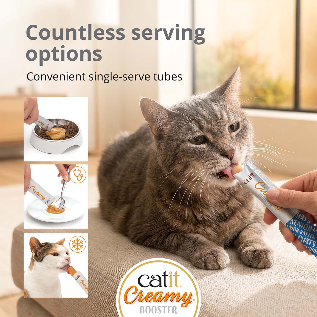 A cat enjoying a Catit Creamy Booster treat, with smaller images showing different ways to serve the product