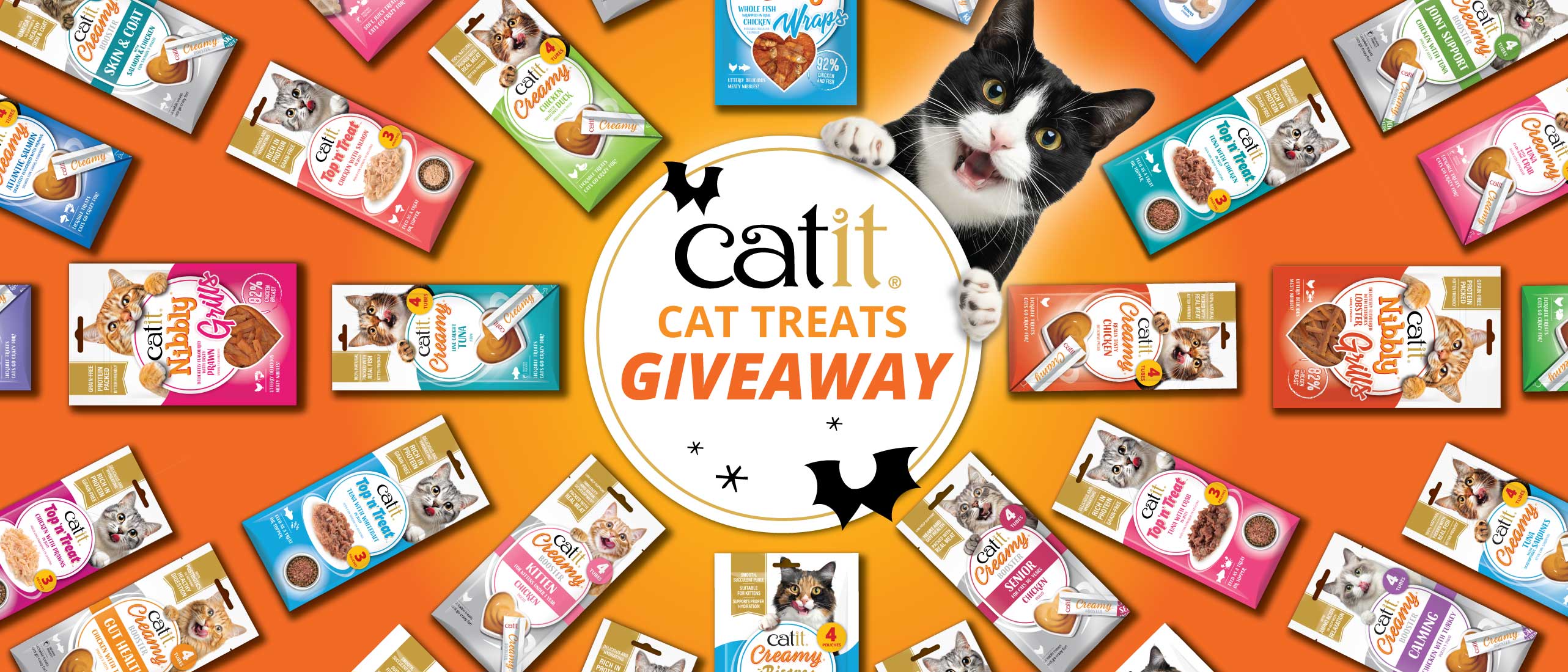 Circle in middle with Cat treats Giveaway in surrounded with Catit treats Packagings and cat smiling holding the circle