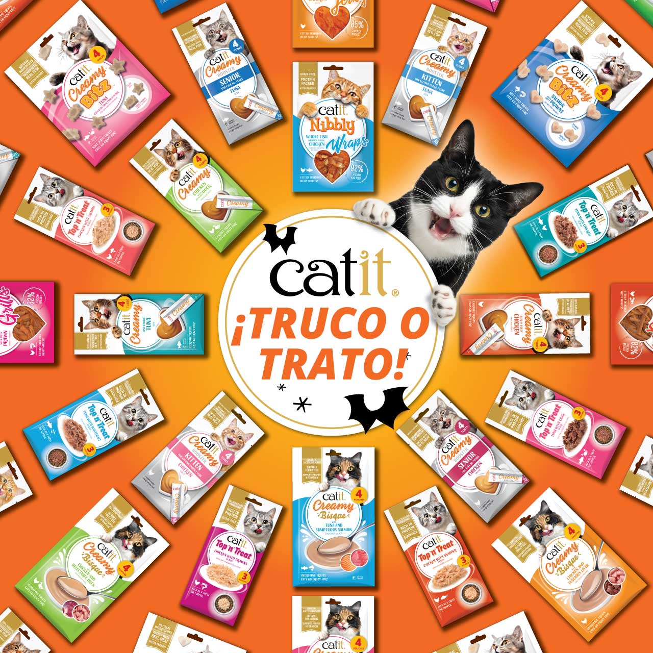 Círculo en el centro con «¡Truco o Trato!», rodeado de envases de premios Catit y un gato sonriente.