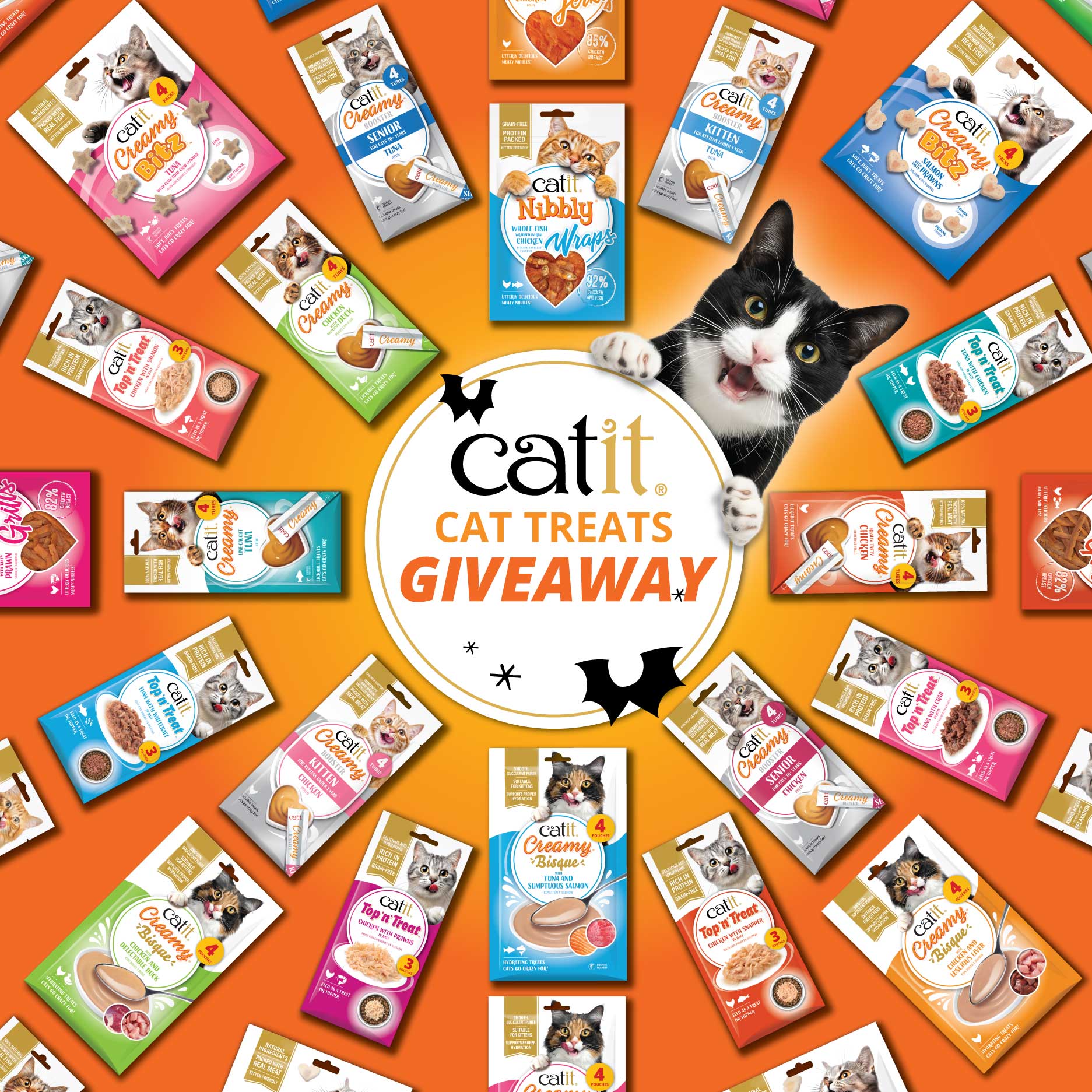 Circle in middle with Cat treats Giveaway in surrounded with Catit treats Packagings and cat smiling