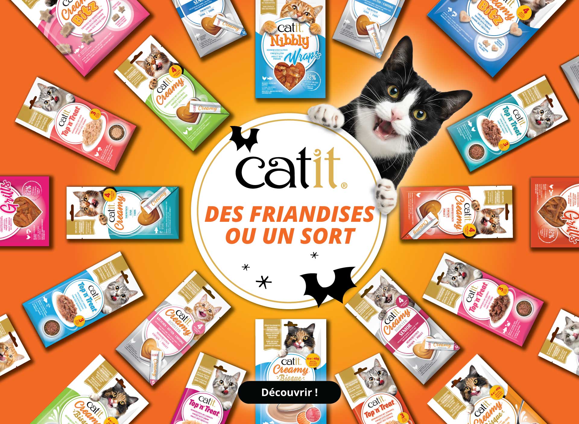 Friandises pour chats Catit - « Des bonbons ou un sort ! » Chat noir dans un cercle avec logo et slogan. Autour des emballages Catit Treats sur un fond orange d'Halloween. Découvrez-les !