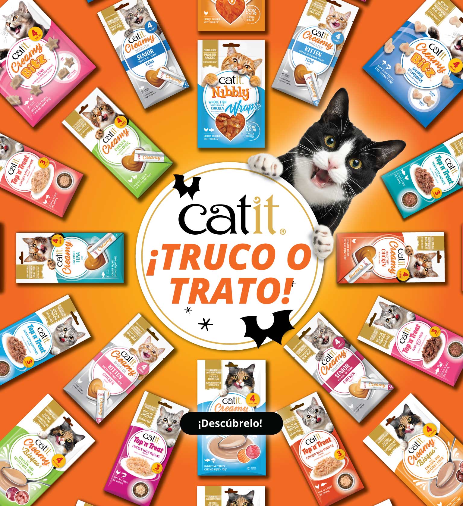 Golosinas para gatos Catit: ¡Truco o trato! Gato negro detrás de un círculo con el logotipo y el eslogan. Alrededor de los envases de Catit Treats sobre un fondo naranja de Halloween. ¡Descúbrelas!