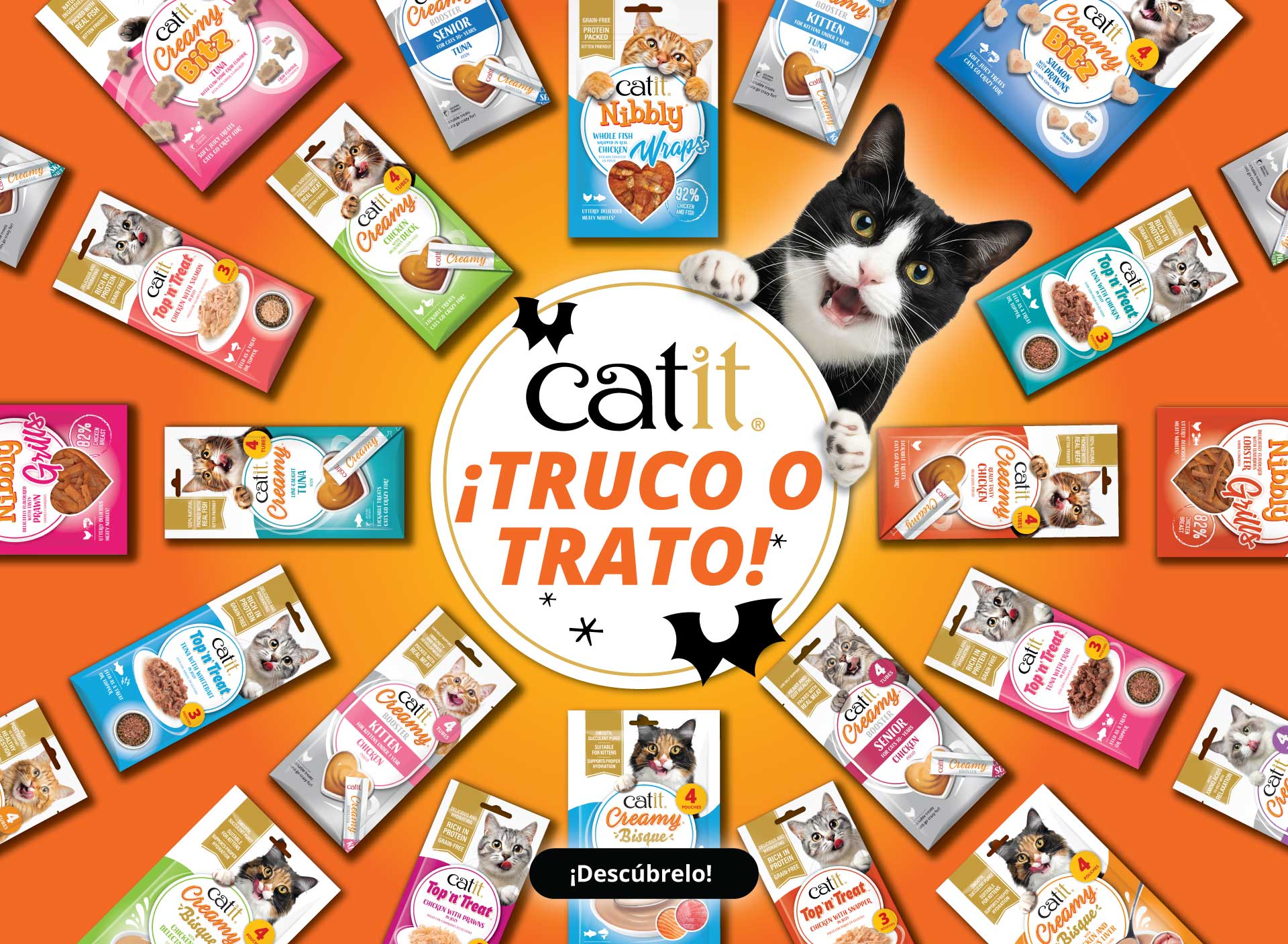 Golosinas para gatos Catit: ¡Truco o trato! Gato negro detrás de un círculo con el logotipo y el eslogan. Alrededor de los envases de Catit Treats sobre un fondo naranja de Halloween. ¡Descúbrelas!
