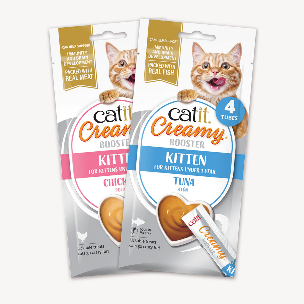 Catti Booster kitten chicken & Tuna 4 pack packagings UK packaging
