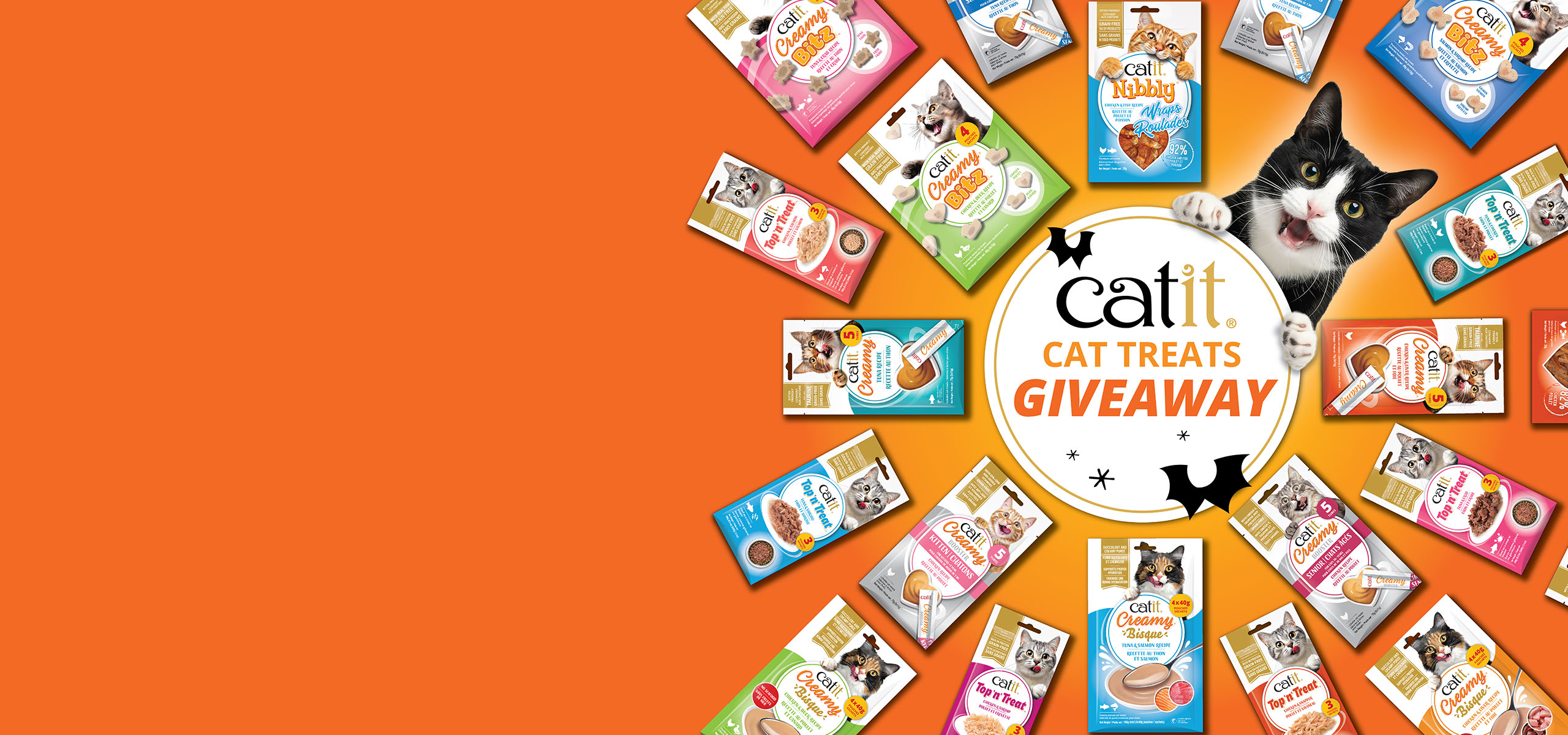 Circle in middle with Cat treats Giveaway in surrounded with Catit treats Packagings and cat smiling