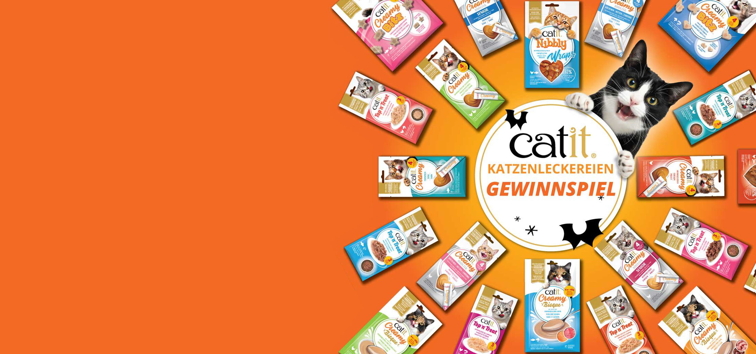 Kreis in der Mitte mit „Cat Treats Giveaway“, umgeben von Catit-Leckerli-Verpackungen und einer lächelnden Katze.