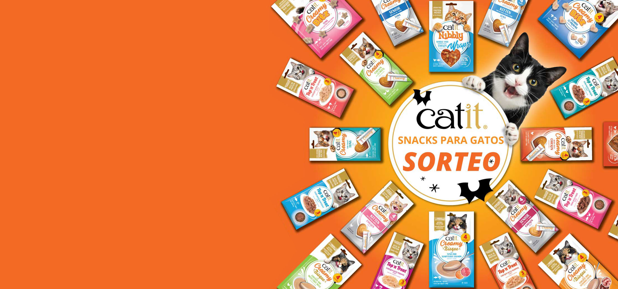 Círculo en el centro con «Cat treats Giveaway», rodeado de envases de premios Catit y un gato sonriente.