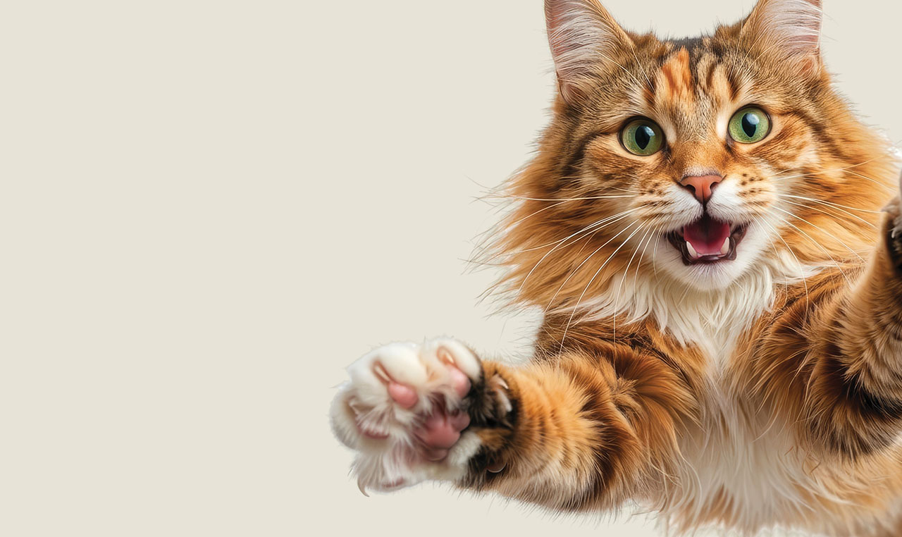 Main coon cat jumping towards you