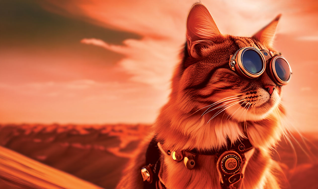 A fluffy cat wearing steampunk-style goggles and a harness stands on a rocky, orange landscape resembling Mars