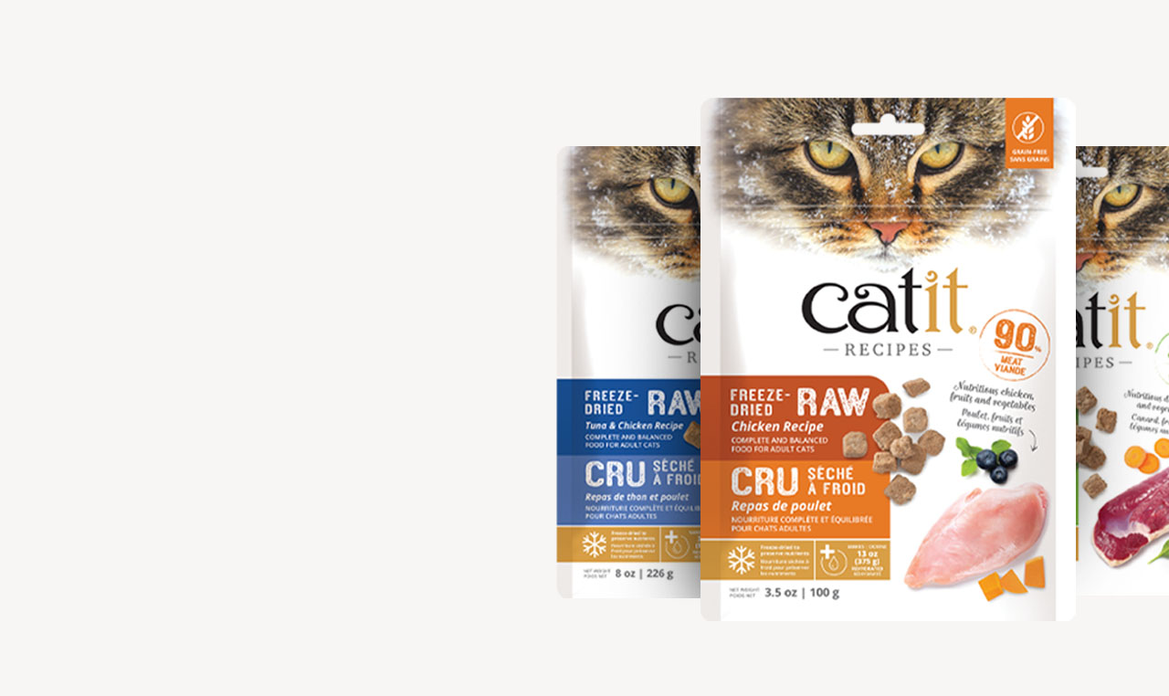 Three packages of Catit freeze-dried raw cat food in Tuna & Chicken, Chicken, and another meat recipe