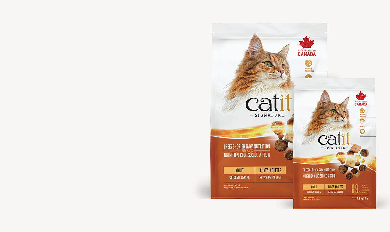 Two bags of Catit Signature adult dry cat food in 1.8kg and 4.5kg sizes