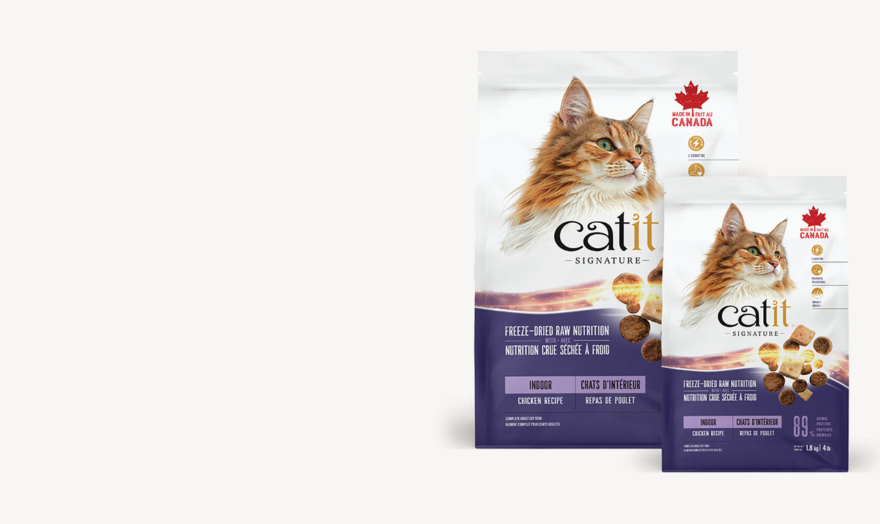 Two bags of Catit Signature indoor dry cat food in 1.8kg and 4.5kg sizes