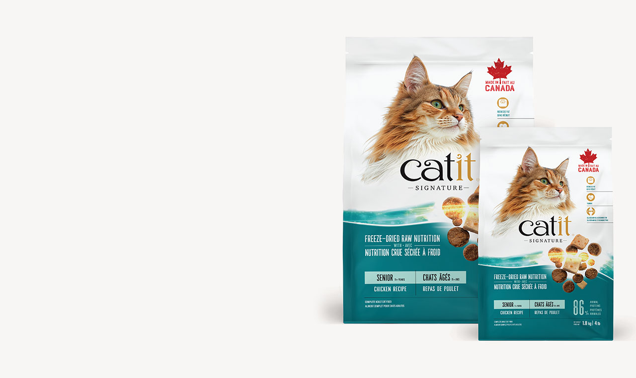 Two bags of Catit Signature Senior dry cat food in 1.8kg and 4.5kg sizes