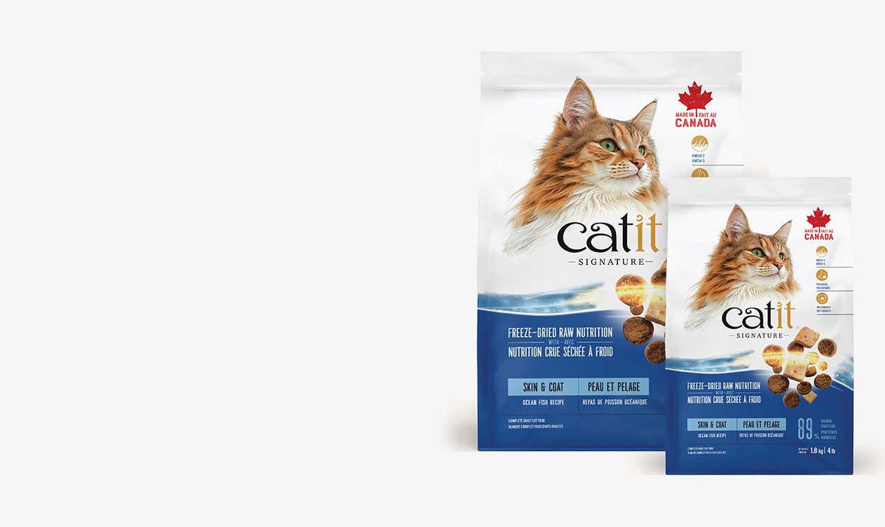 Two bags of Catit Signature Skin& Coat dry cat food in 1.8kg and 4.5kg sizes