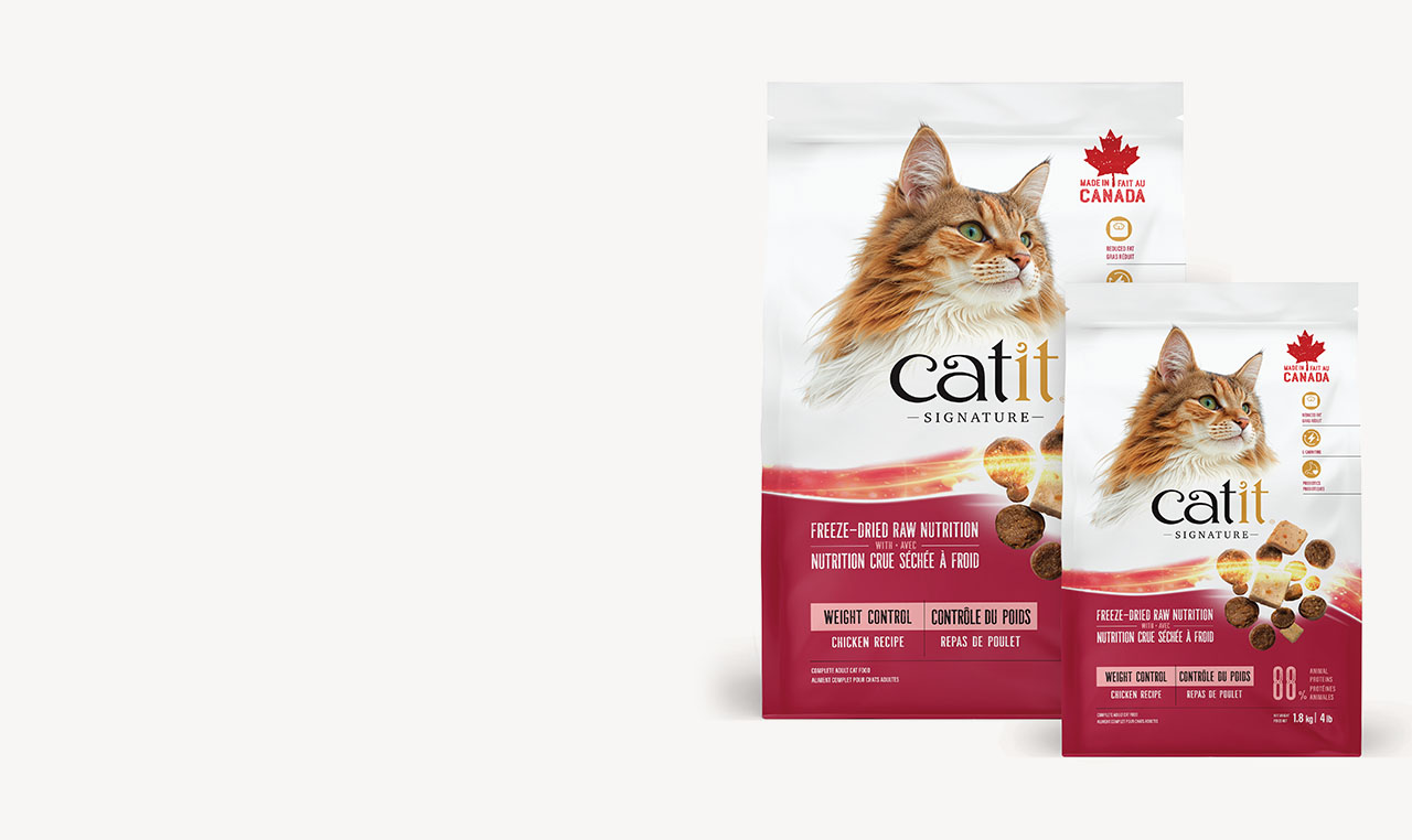 Two bags of Catit Signature weight control dry cat food in 1.8kg and 4.5kg sizes