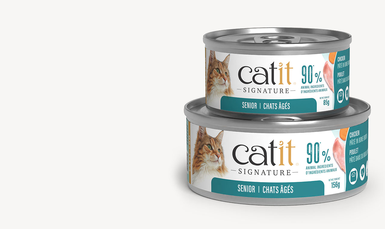 Two cans of Catit Signature Senior 85g and 156g