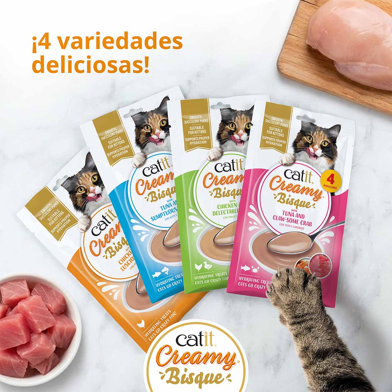 Cuatro variedades de snacks para gatos Catit Creamy Bisque, destacando que son aptas para gatitos