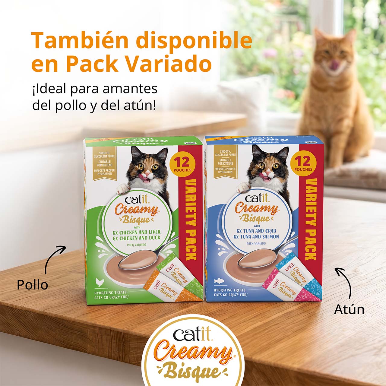 Packs variados de Catit Creamy Bisque sobre una encimera de madera, con un gato pelirrojo lamiéndose la cara al fondo