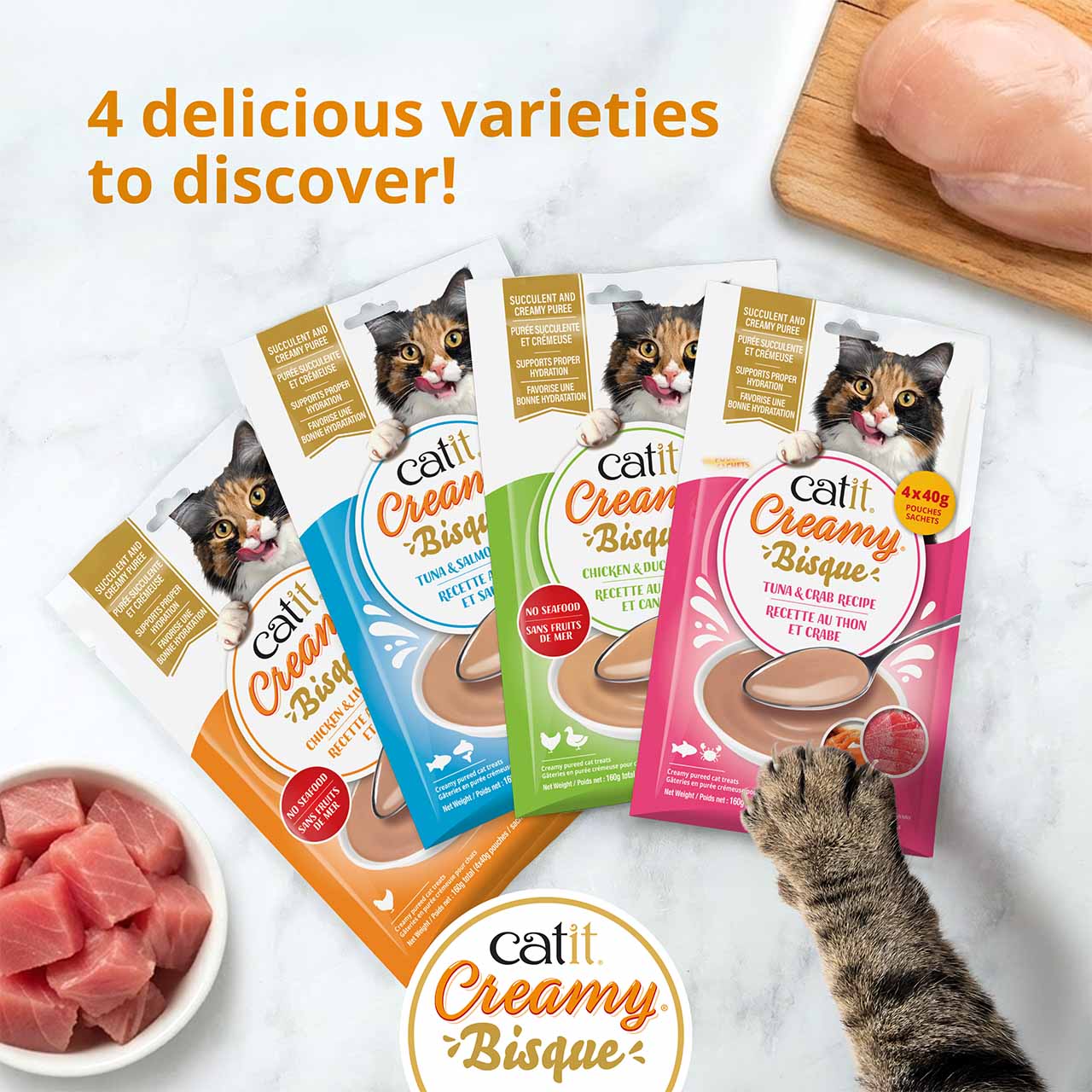 Promotional graphic for four varieties of Catit Creamy Bisque cat treats, highlighting their suitability for kittens