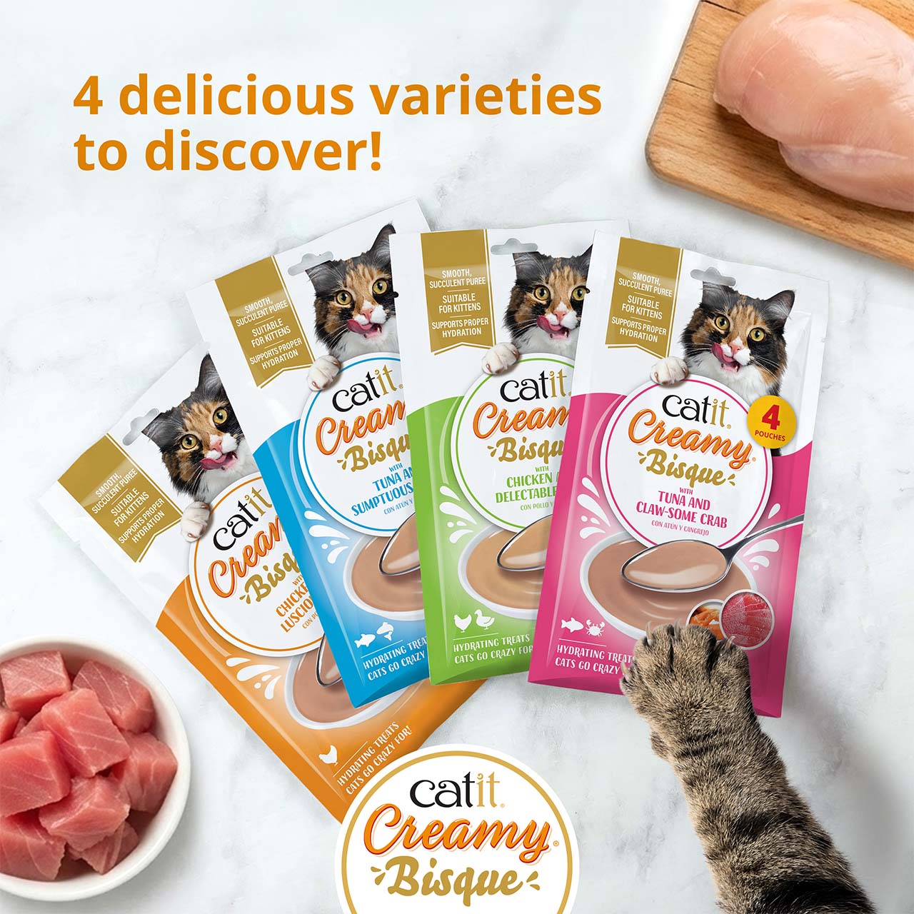 Promotional graphic for four varieties of Catit Creamy Bisque cat treats, highlighting their suitability for kittens