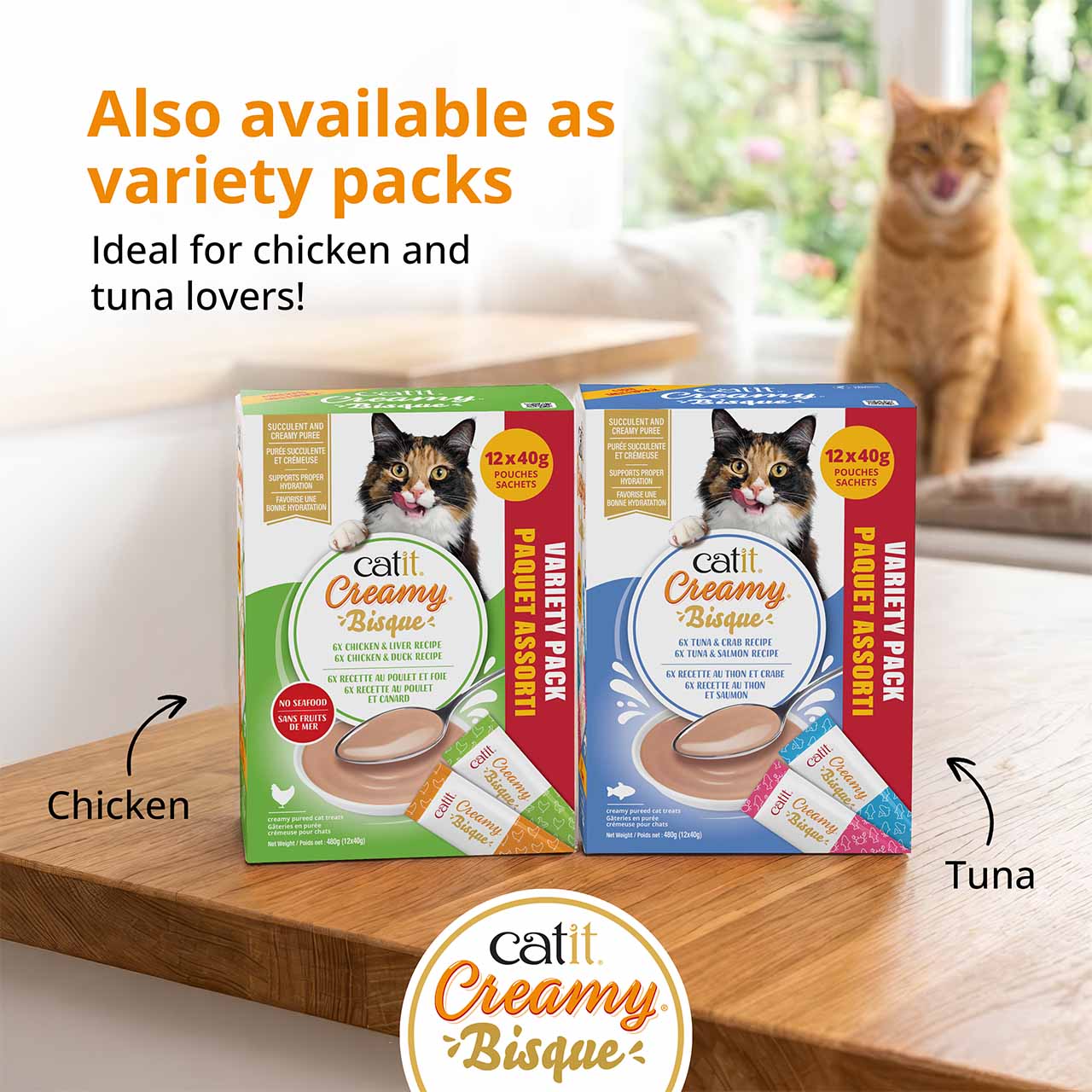 Promotional image fot the Catit Creamy Bsque Multipacks on a wooden kitchen counter with in the background a ginger cat licking it's face