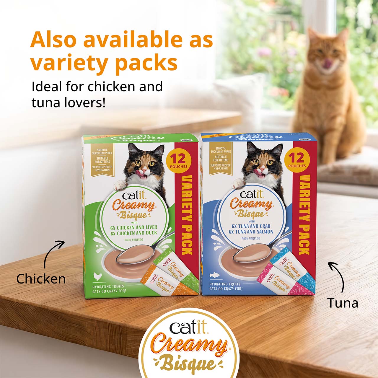 Promotional image fot the Catit Creamy Bsque Multipacks on a wooden kitchen counter with in the background a ginger cat licking it's face