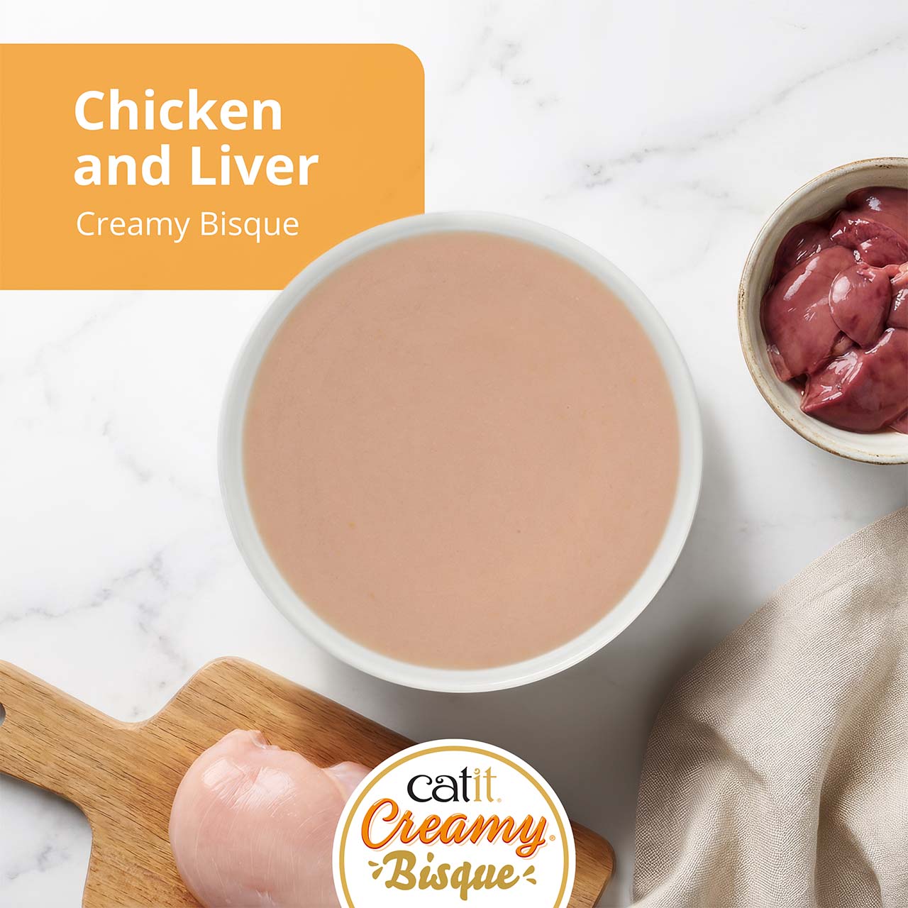 Catit Creamy Bisque cat treat in chicken and liver flavor, shown with raw chicken and liver ingredients