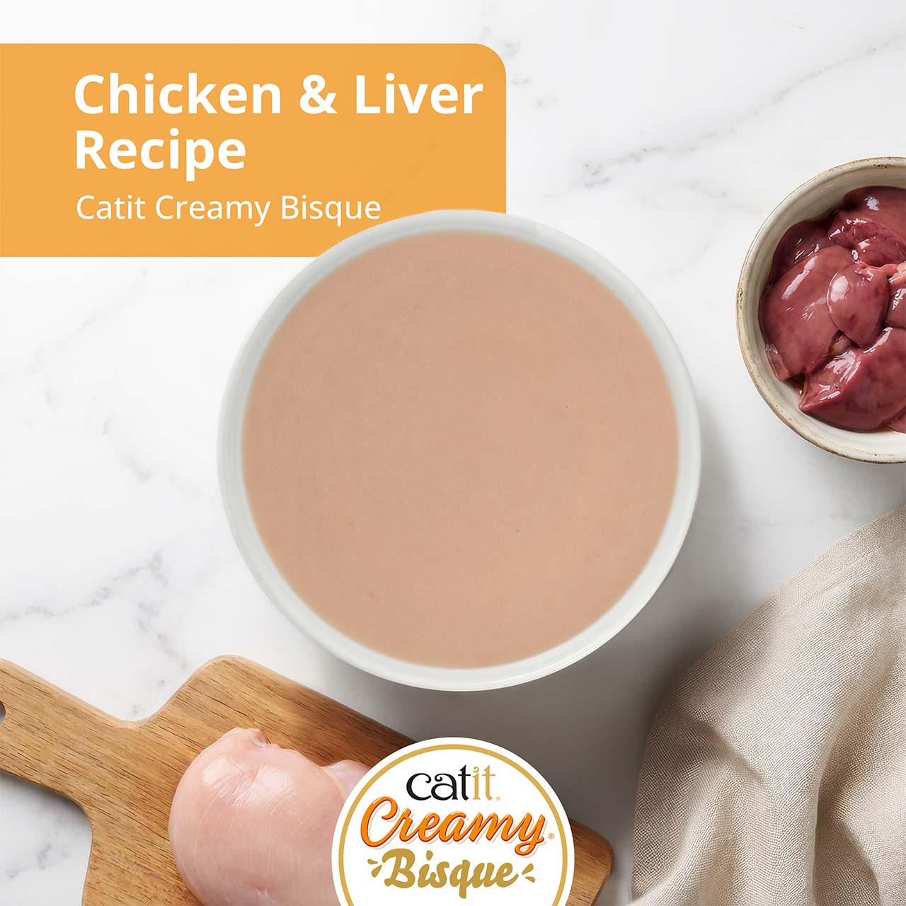 Catit Creamy Bisque cat treat in chicken and liver flavor, shown with raw chicken and liver ingredients
