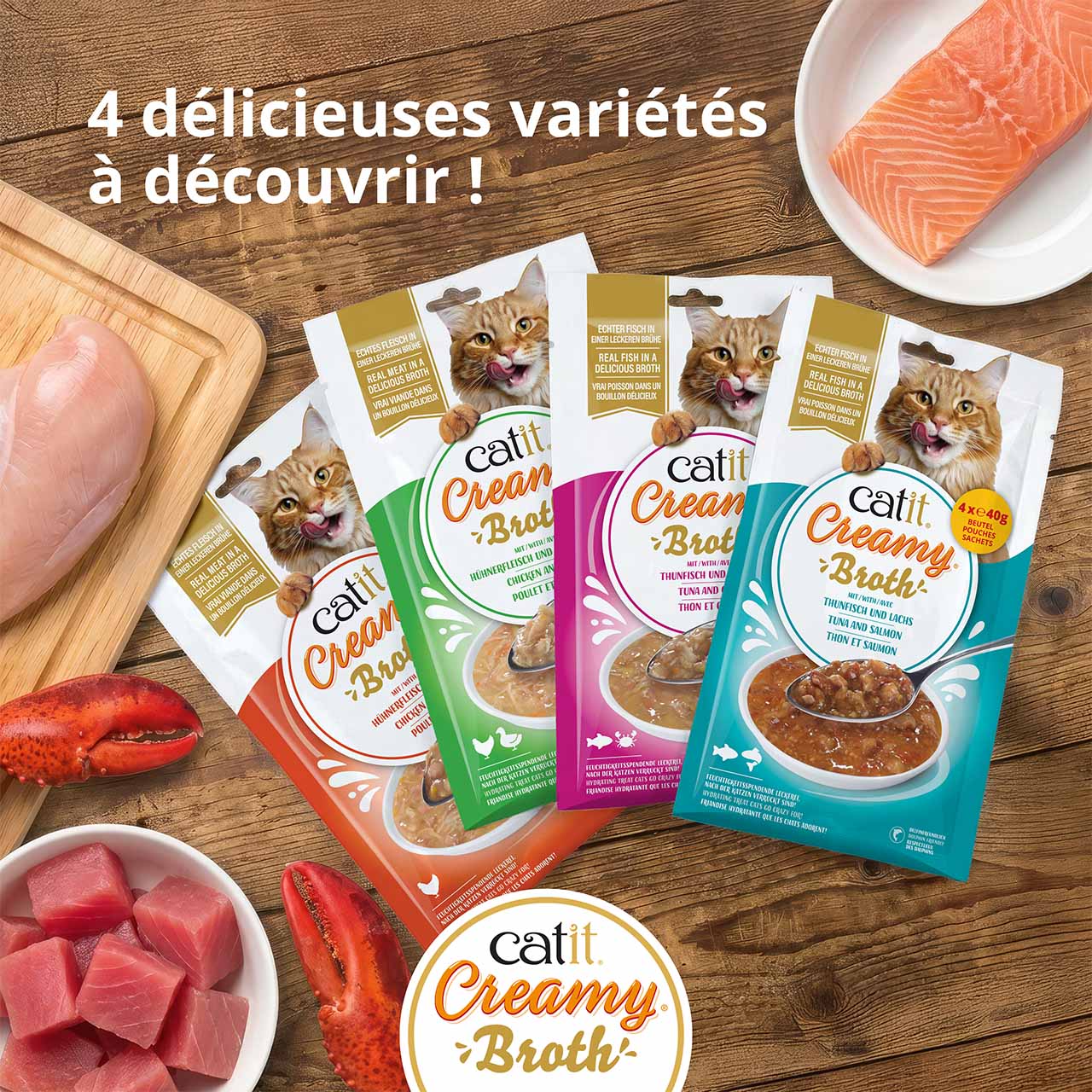 Vue de dessus de tous les emballages Catit Creamy Broth sur un comptoir en avec des ingrédients frais
