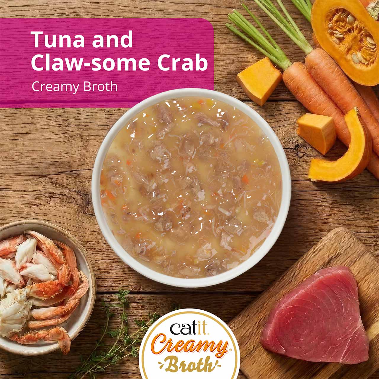 Catit Creamy Broth, tuna & crab on wooden kitchen countertop