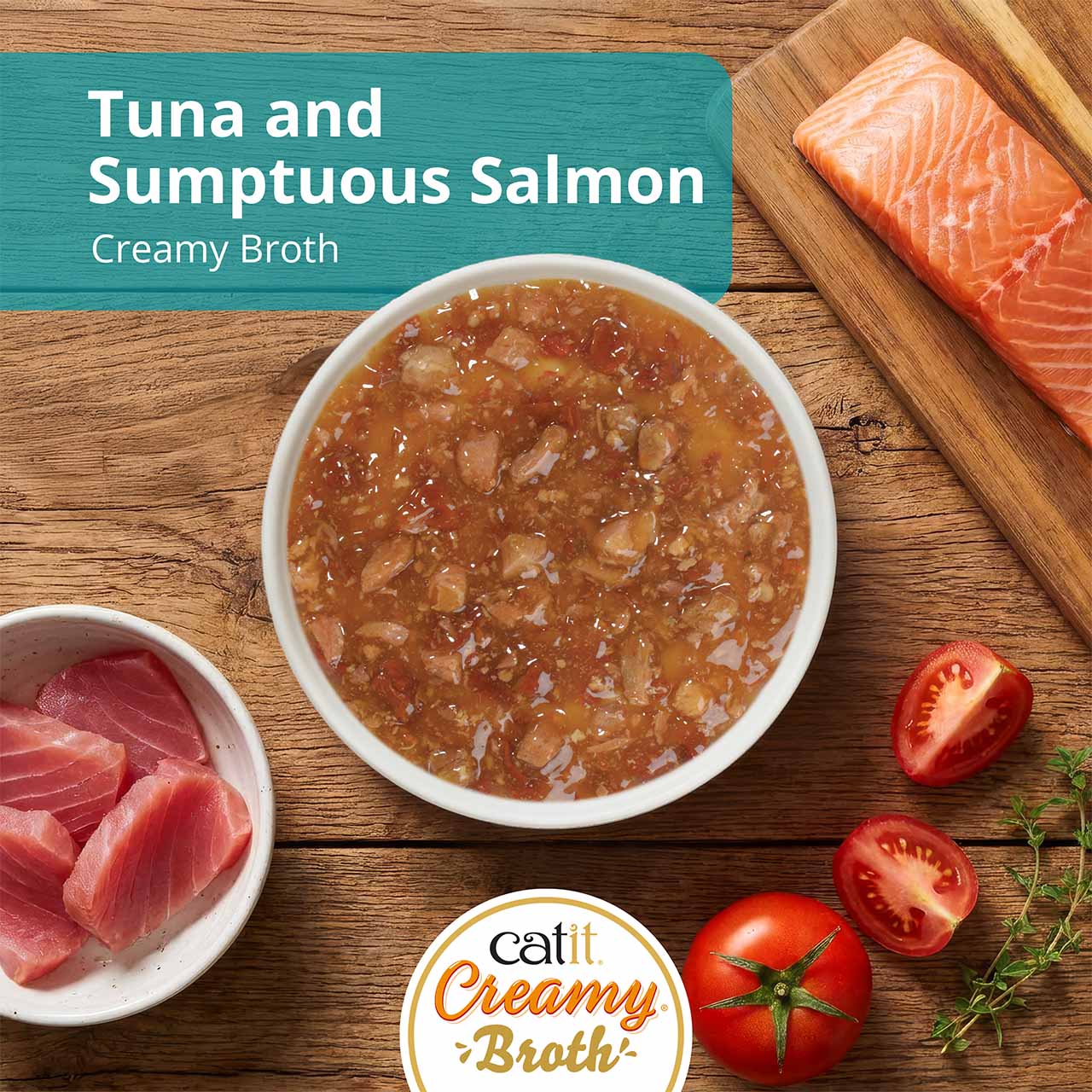 Catit Creamy Broth, tuna & salmon on wooden kitchen countertop