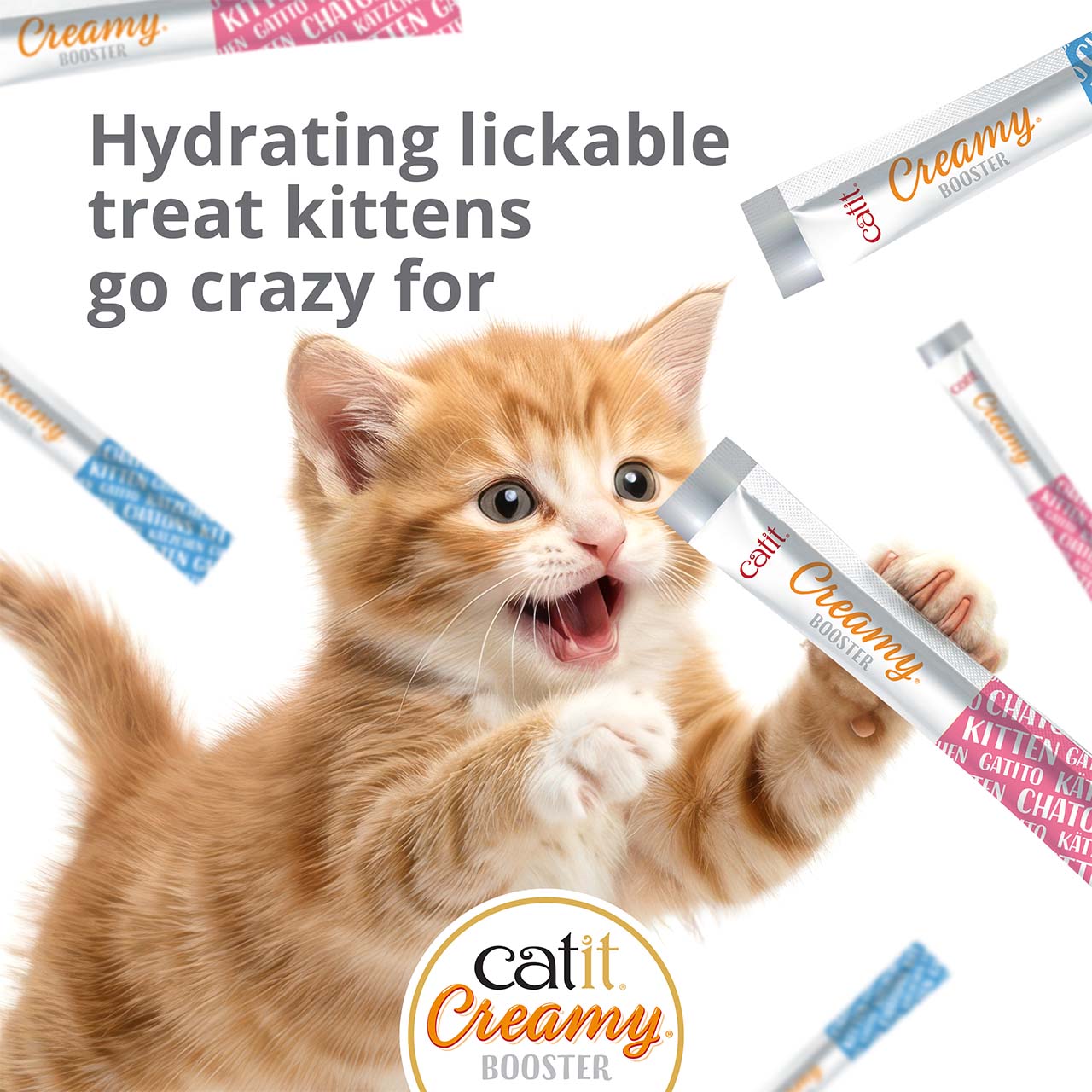 Ginger kitten jumping in the air toward Catit Creamy Kitten tubes