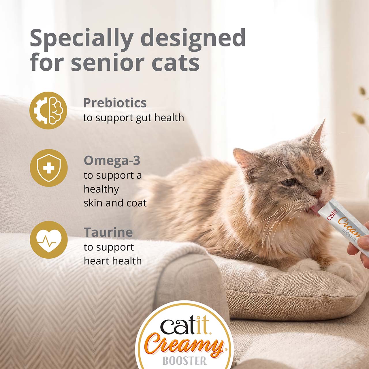 Catit Creamy Booster treat for senior cats aged 10+ with prebiotics, omega-3 fatty acids, and taurine