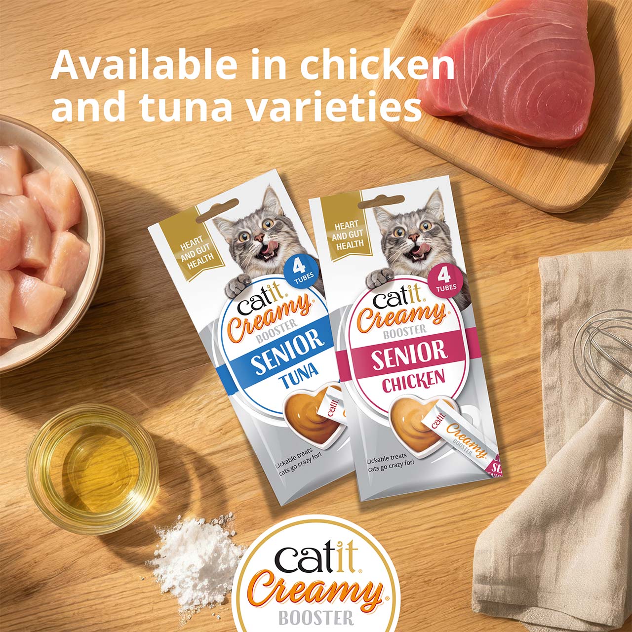 Catit Creamy Booster Senior lickable cat treats available in tuna and chicken recipes for cats 10 years and older