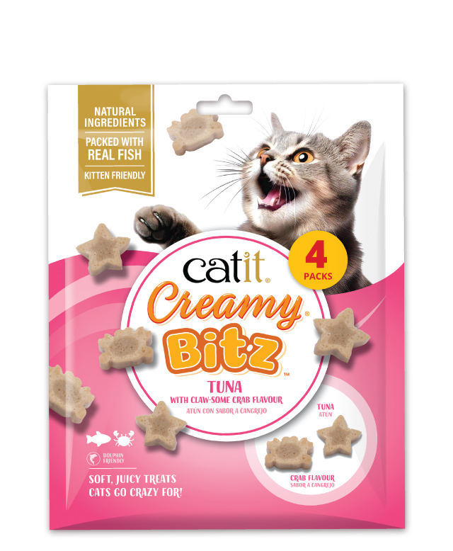 Catit Creamy Bitz Tuna & Crab 4 pack packaging on white background