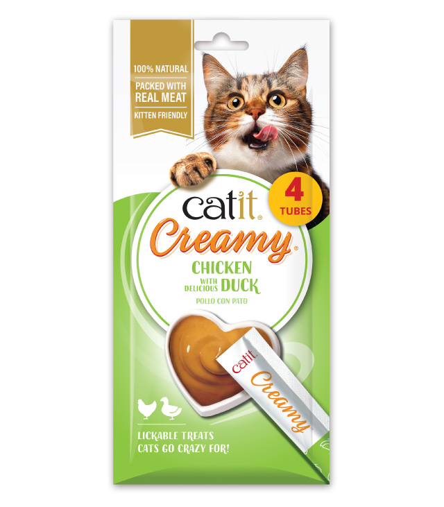 Catit Creamy Chicken & Duck 4 pack packaging on white background