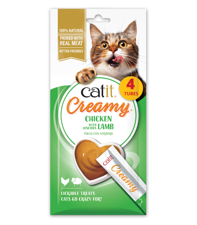 Catit Creamy Chicken & Lamb 4 pack packaging on white background
