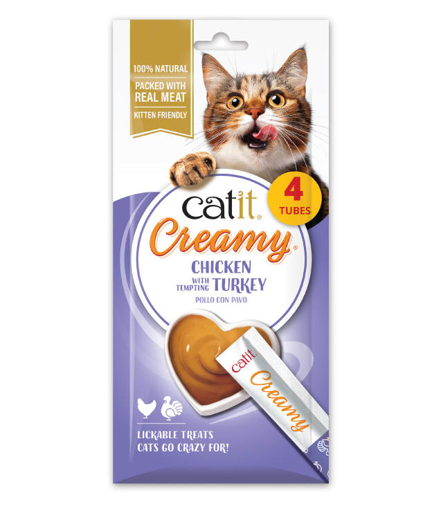 Catit Creamy Chicken & Turkey 4 pack packaging on white background
