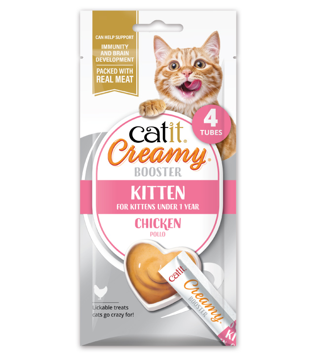 Catit Creamy Booster Kitten Chicken 4 pack packaging front on white background