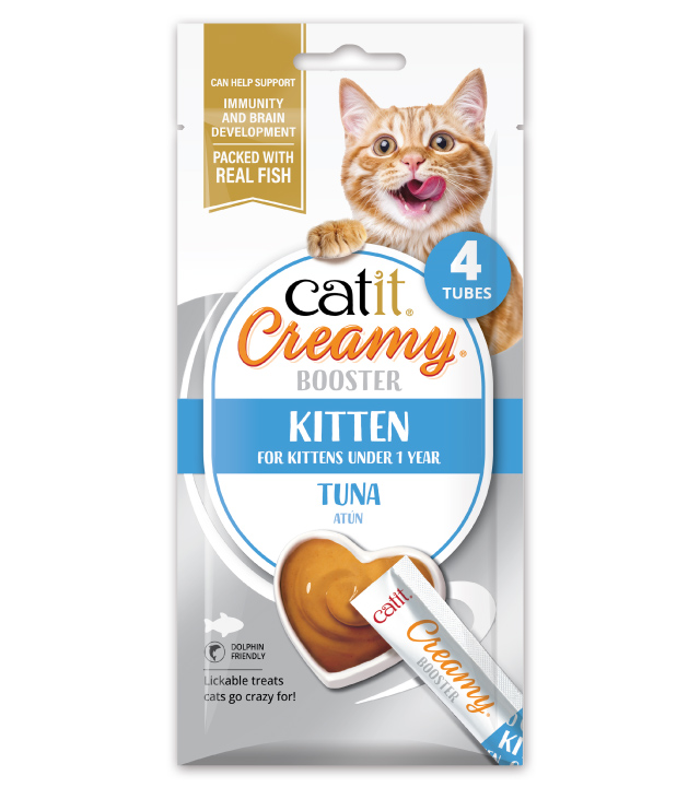 Catit Creamy Booster Kitten Tuna 4 pack packaging front on white background