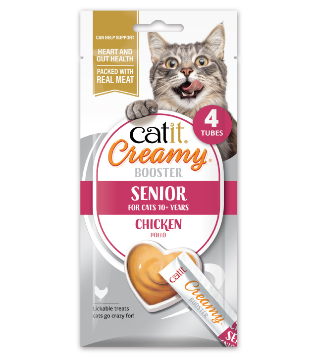 Catit Creamy Booster Senior Chicken 4 pack packaging front on white background