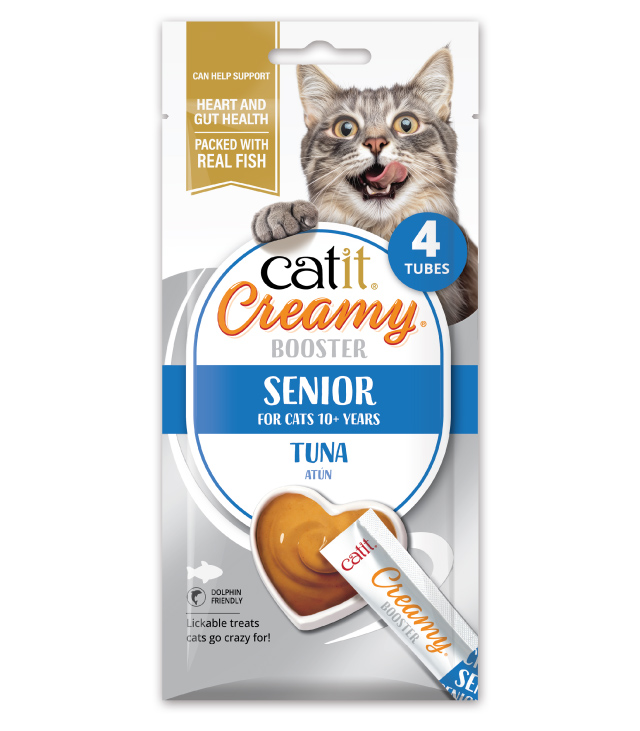 Catit Creamy Booster Senior Tuna 4 pack packaging front on white background