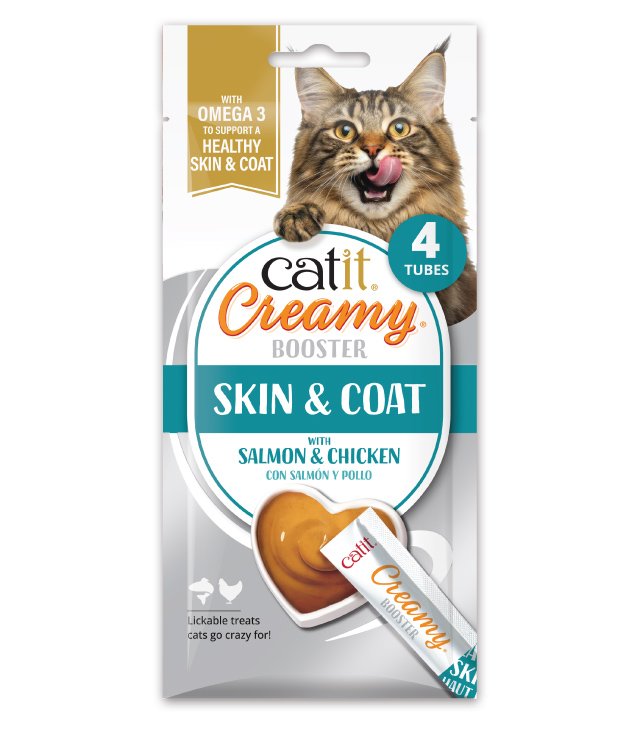 Catit Creamy Booster Skin & Coat 4 pack packaging front on white background