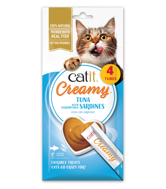 Catit Creamy Tuna & Sardines 4 pack packaging on white background