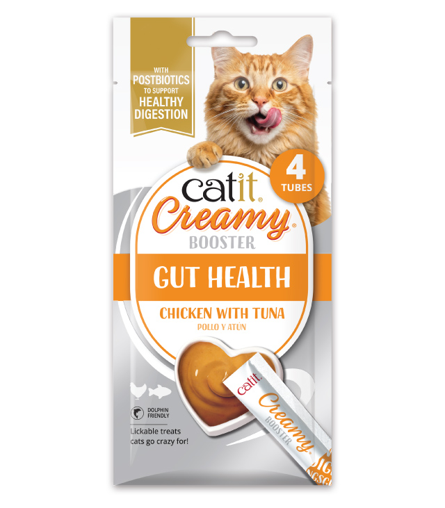 Catit Creamy Booster Gut Health 4 pack packaging front on white background