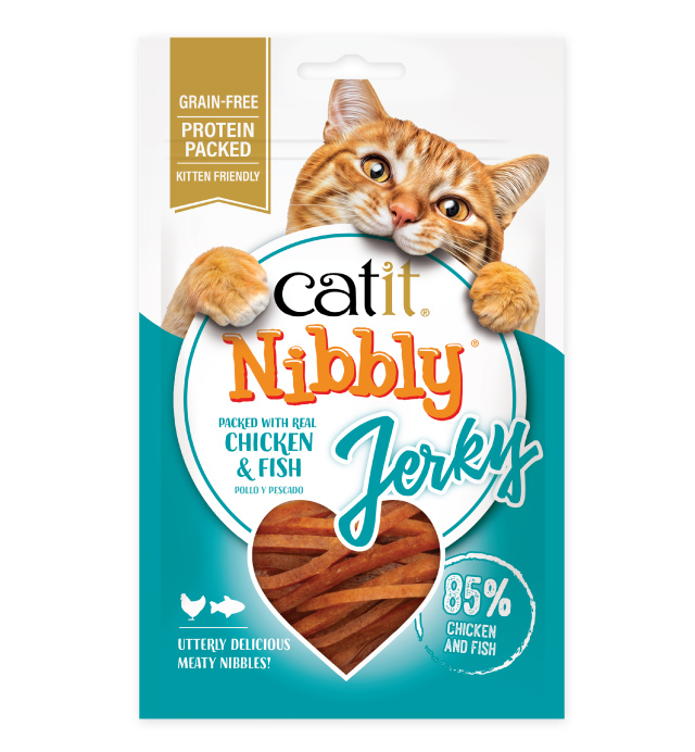 Catit Nibbly Jerky chicken & fish packaging on white background