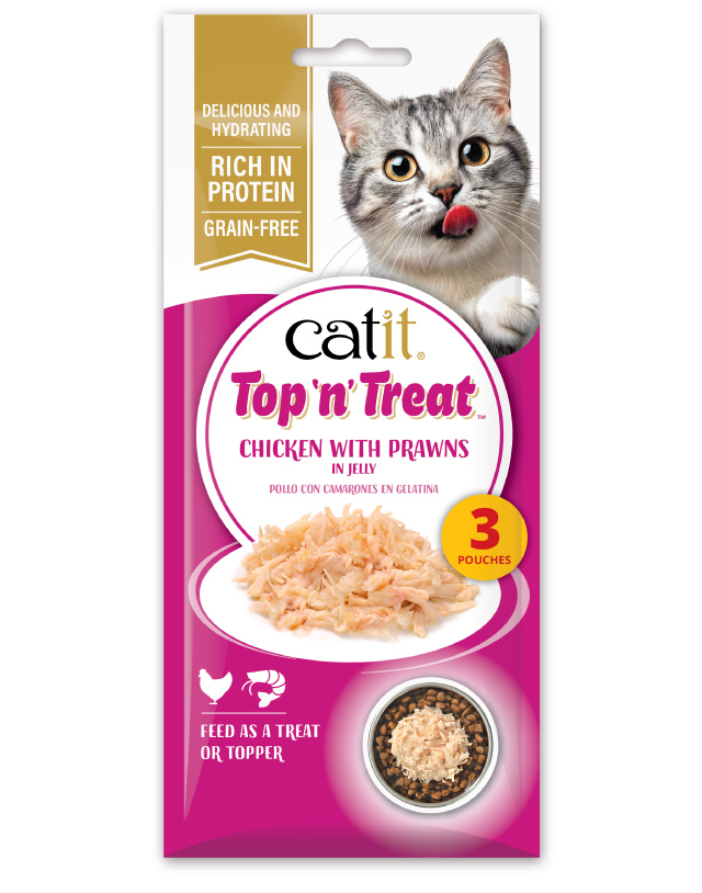 Catit Top 'n' Treat Chicken with Prawns 3 pack packaging on white background
