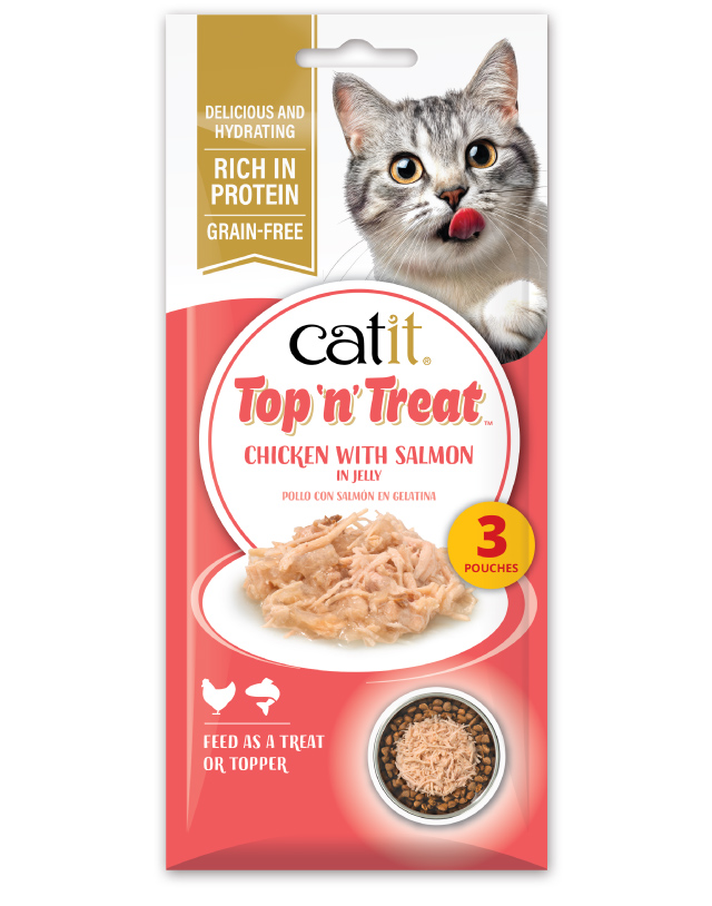 Catit Top 'n' Treat Chicken with Salmon 3 pack packaging on white background