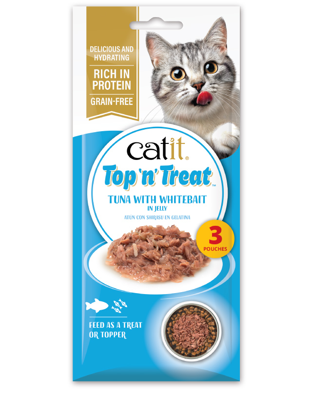 Catit Top 'n' Treat Tuna with Whitebait 3 pack packaging on white background